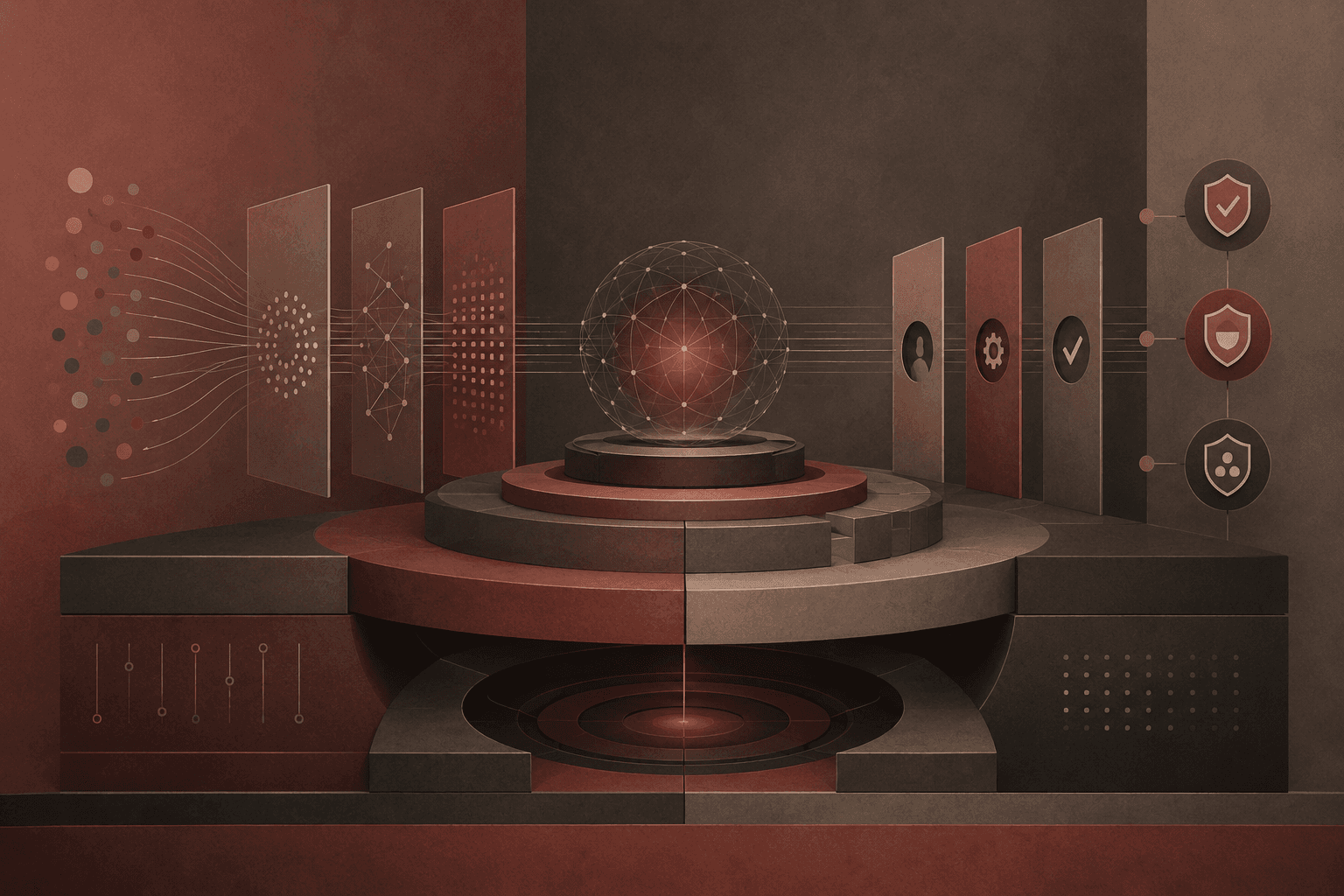 Abstract reddish low-chroma composition for AI Trust Is a Deployment Discipline