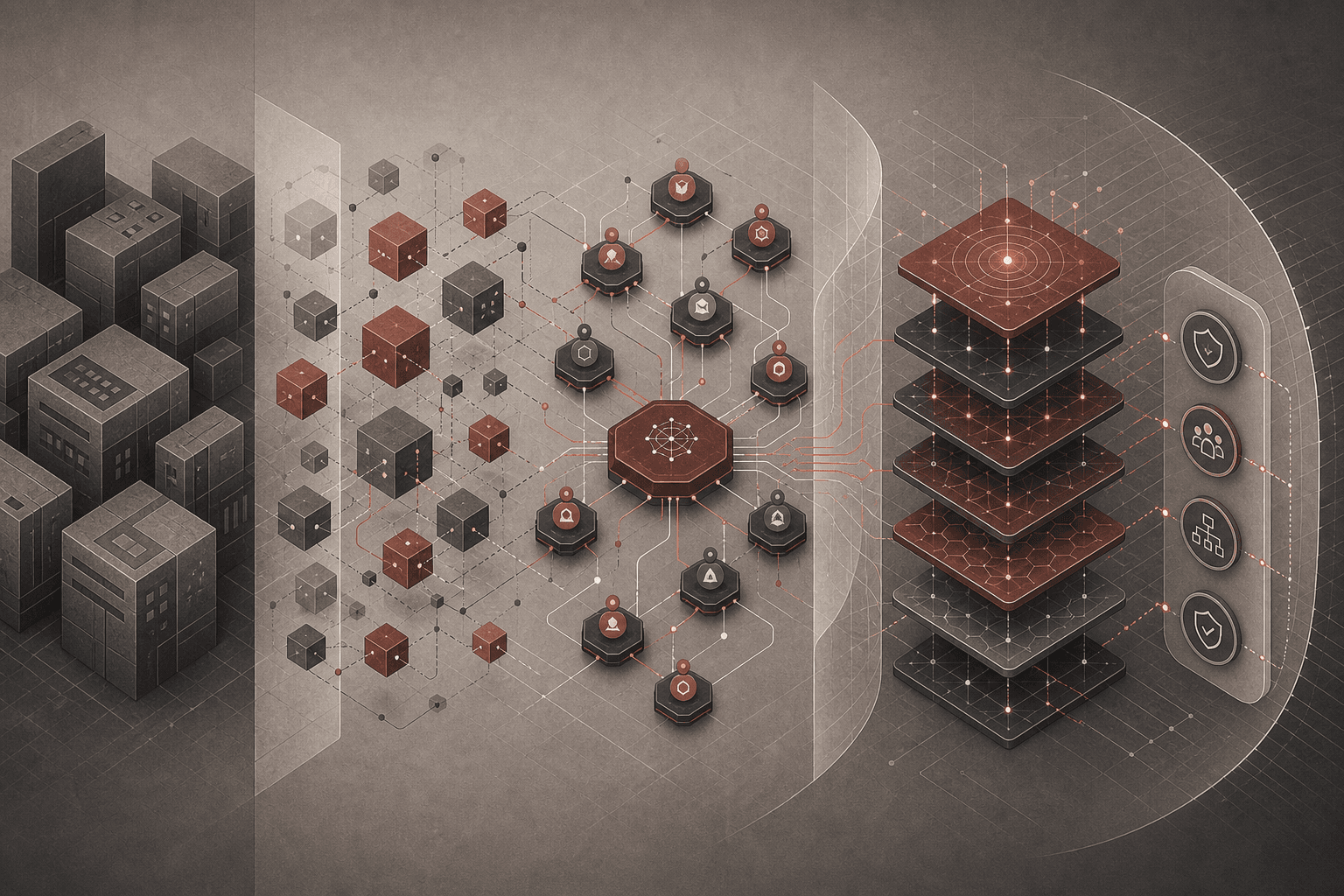 Abstract reddish low-chroma composition for Enterprise Architecture Is Becoming the AI Operating Model