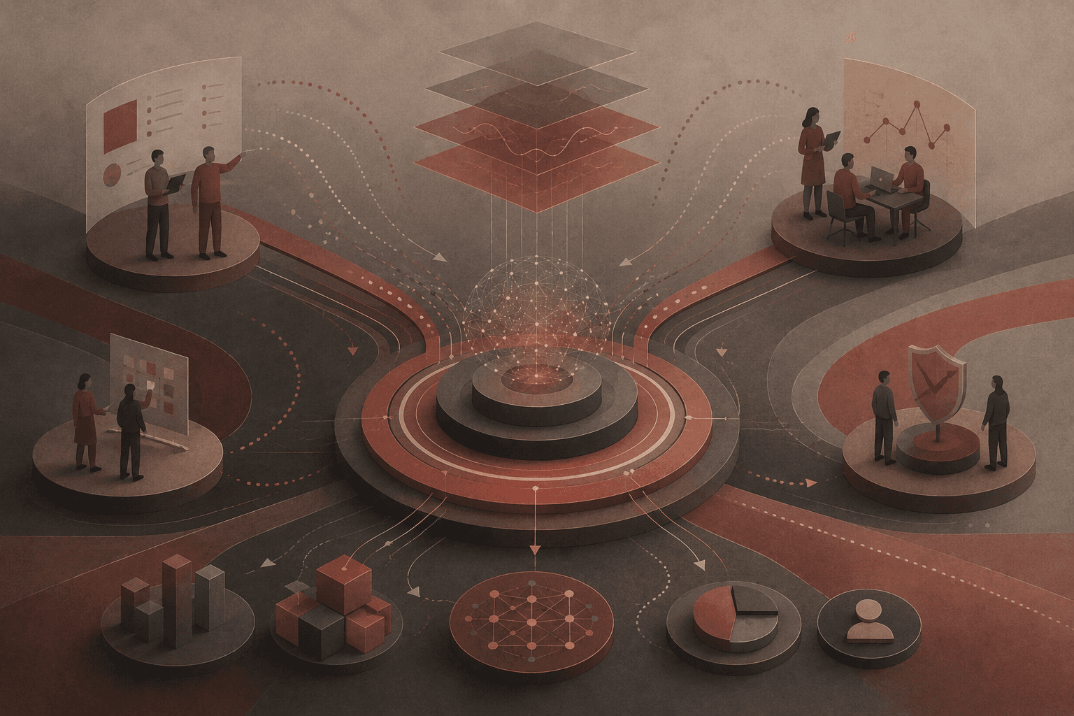 Abstract reddish low-chroma composition for Forward-Deployed AI Is a Feedback Loop, Not a Services Motion