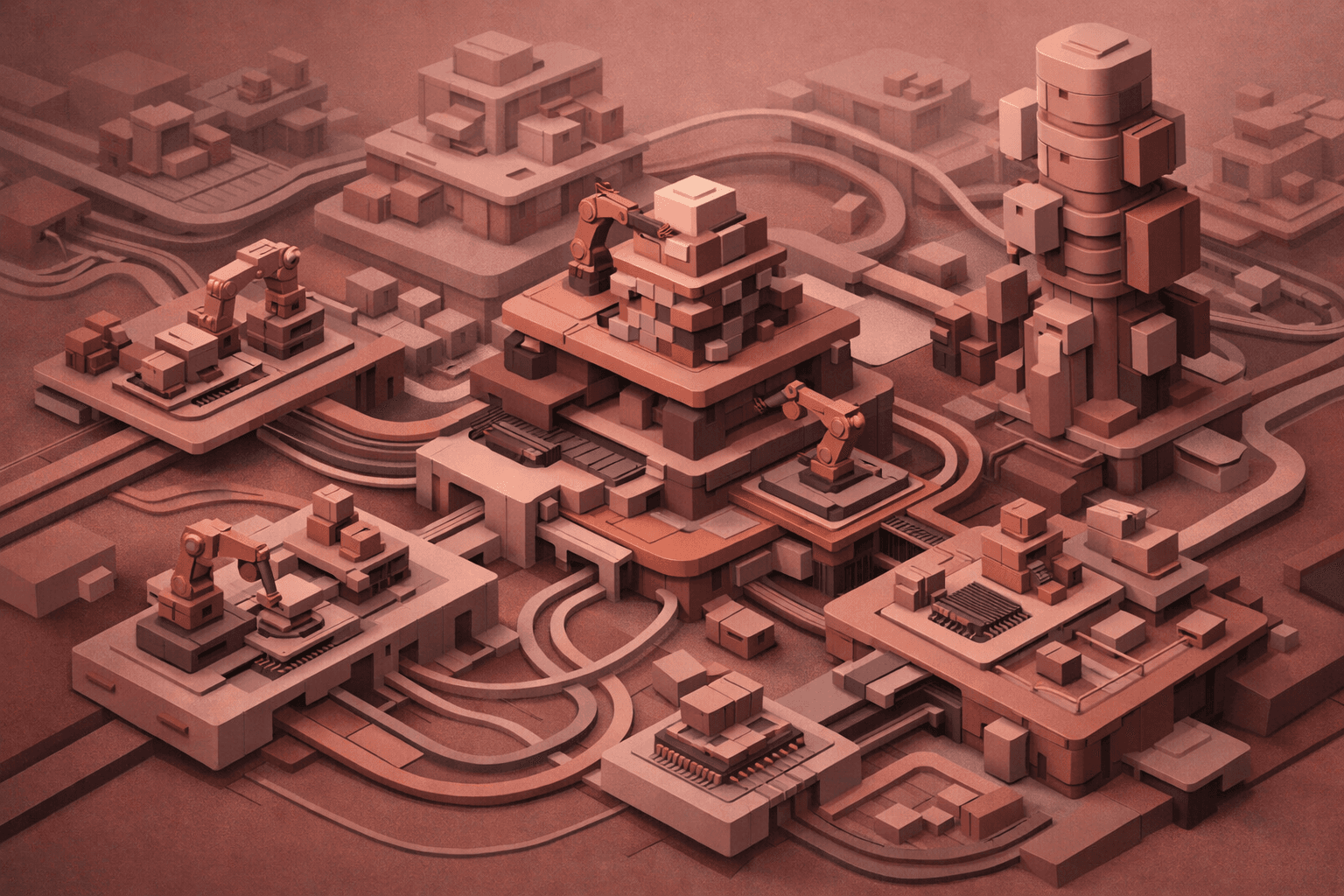 Abstract reddish low-chroma composition for When Machines Build for Machines, Judgment Becomes the Bottleneck